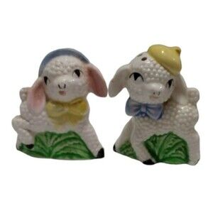 Vintage Lambs Salt Pepper Shakers Easter Spring Pastel Bonnet Hat Bow READ